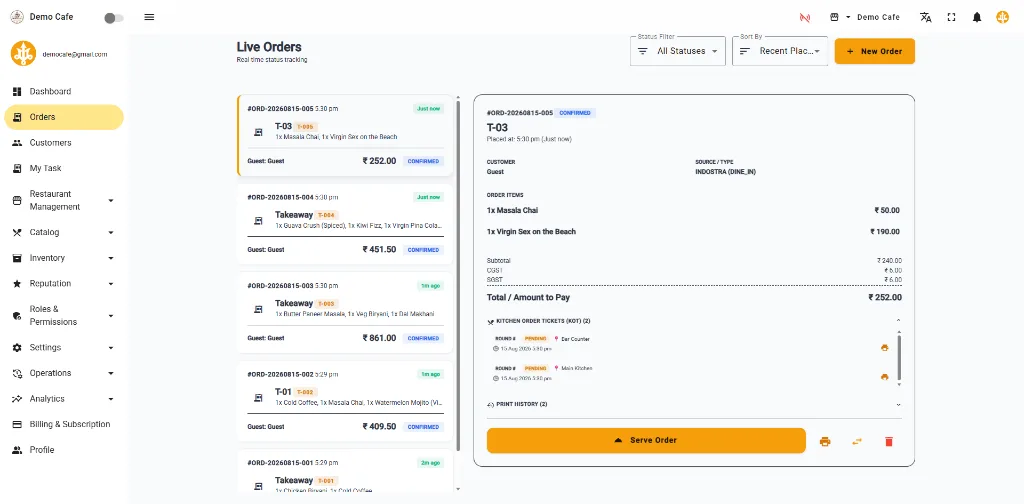 Indostra Live Orders and KOT Ticket Tracker Interface
